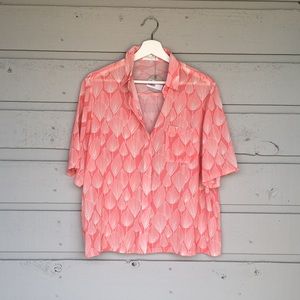 NWT JAPANESE BLOSSOM OVERSIZED BLOUSE CORAL/CREAM SEMI SHEER STRUCTURED LOOK